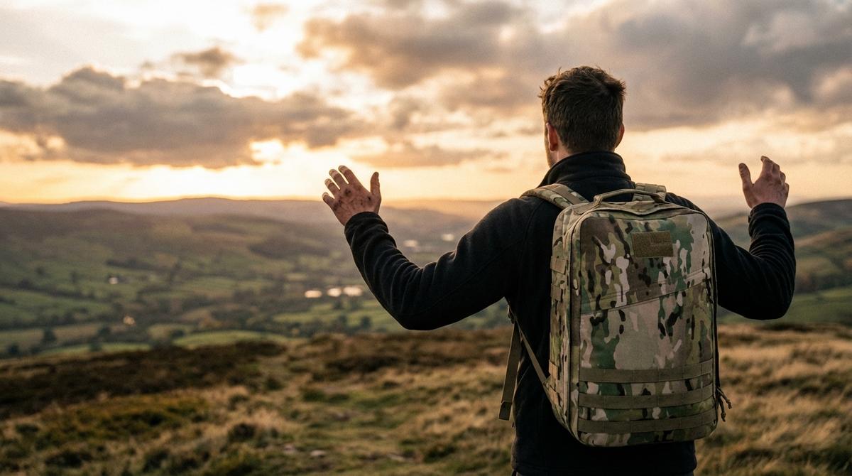 Rucker with a camo pack on a hilltop at sunset after 90 days of rucking