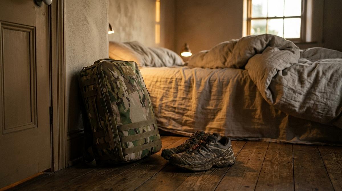 Camo ruck and muddy shoes by the bed after a month of regular rucking
