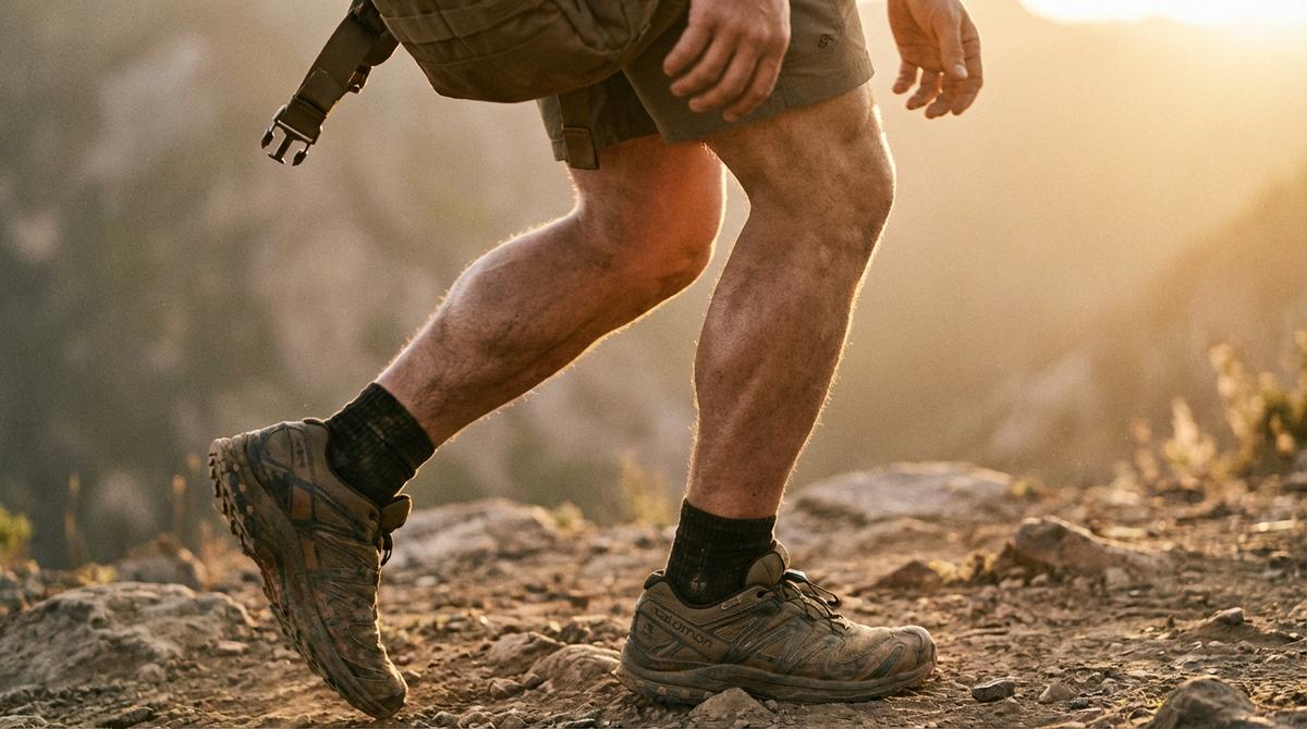 Rucker in trail shoes climbing a rocky path at sunset in month two