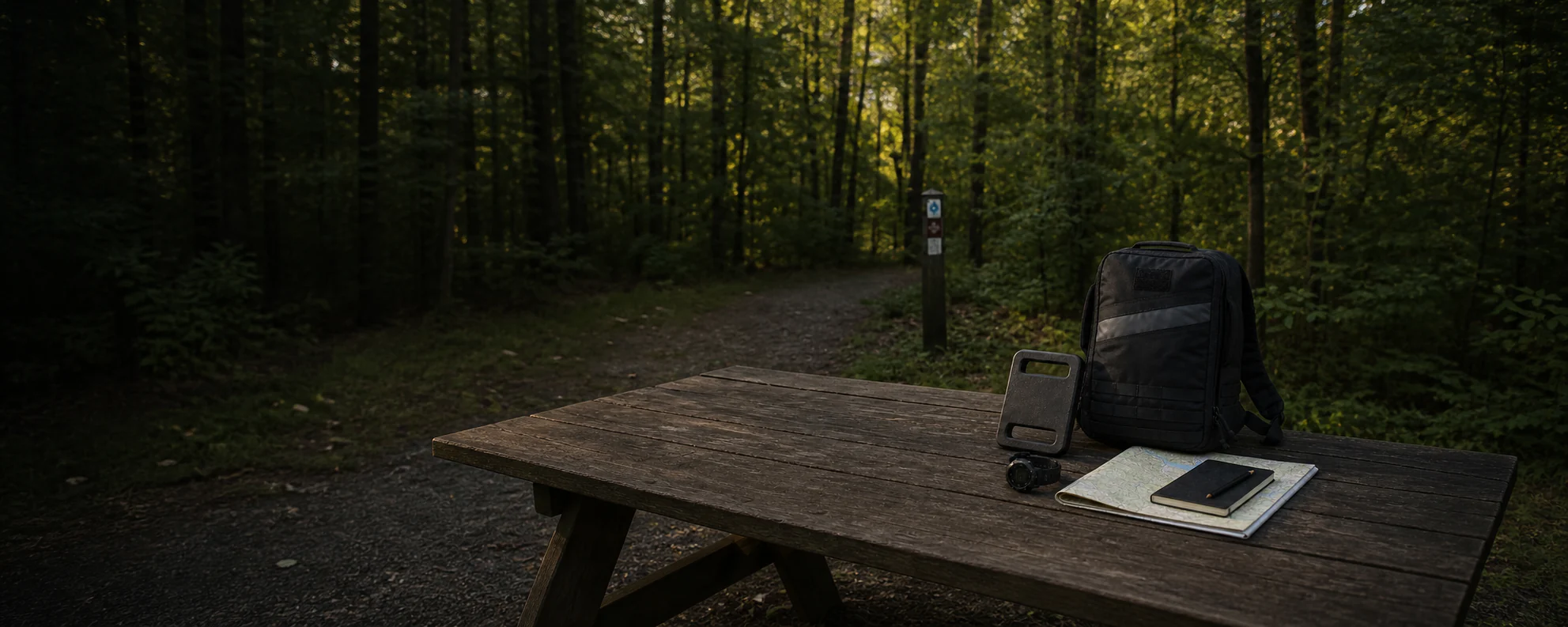 A compact rucking backpack, plate, GPS watch, map, and field notebook arranged on a trailhead table
